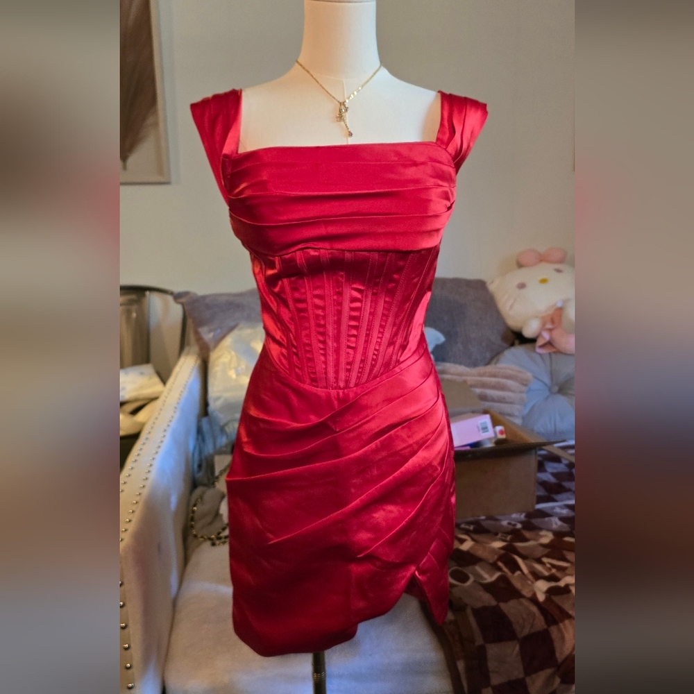 Red Satin Corset Prom Dress with Draped Skirt